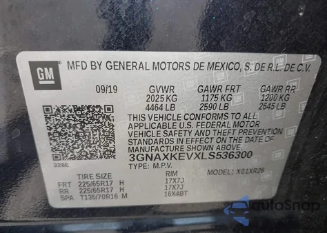 2020 Chevrolet Equinox Fwd Lt 1.5L Turbo из США, поврежденный, VIN 3GNAXKEVXLS536300